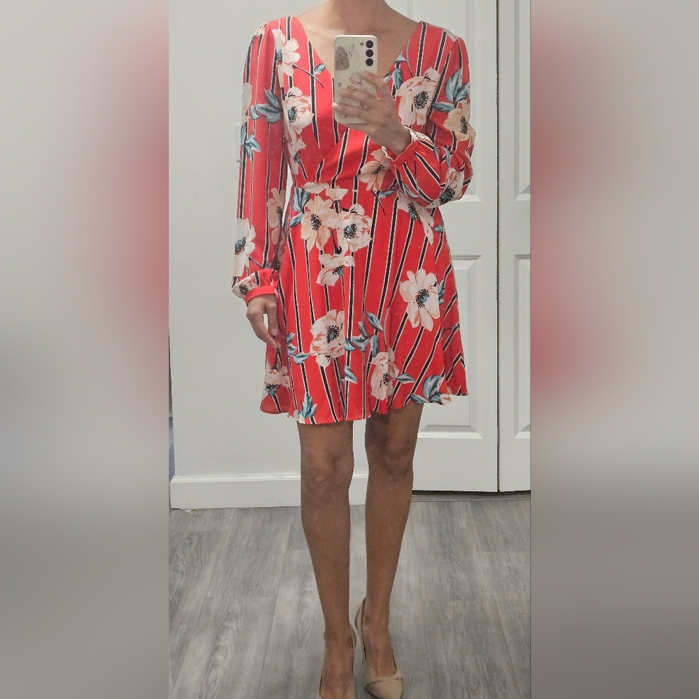 Express red/flowers long sleeve mini dress
